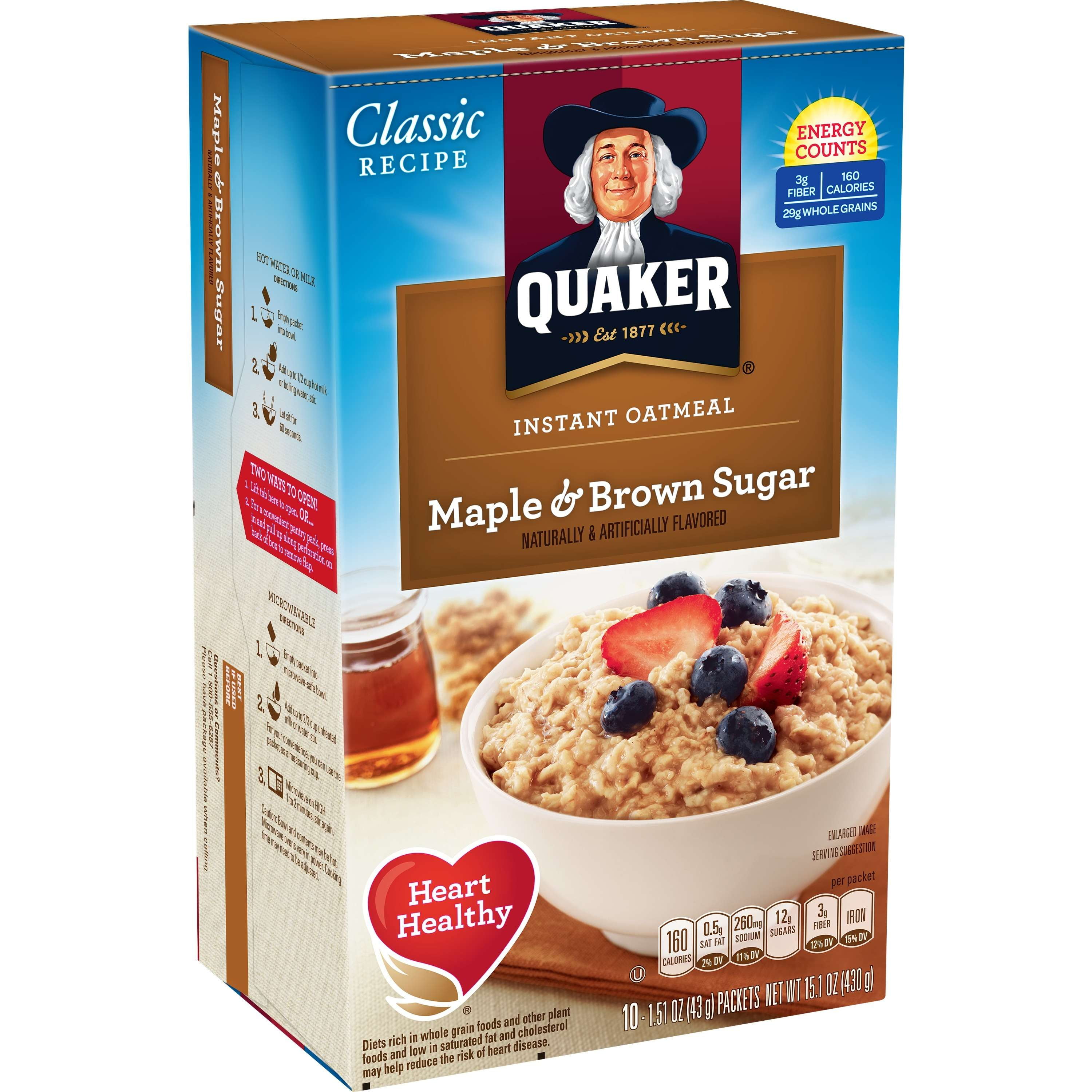 Quaker Instant Oatmeal, Maple & Brown Sugar Flavor, 10 Packet Box